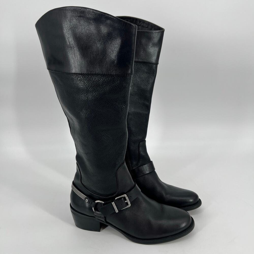 Vince Camuto Brunah Riding Boots Womens 7 Black Leather Knee High Harness Buckle